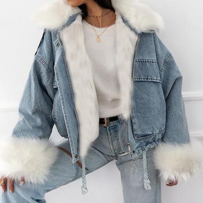 China Ladies Custom Denim Coat 2021 Plus Size Light Blue Fur Denim Short Jackets Anti-Shrink For Women for sale