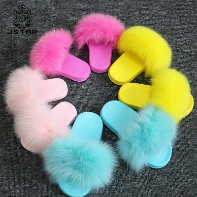 China High Quality Natural Cute Fox Flat Slippers Fashion Fur Flat Fluffy Flat Slides Soft Flat Children's Sandals for sale