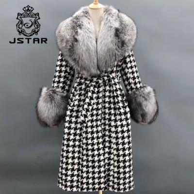 China JSTAR anti-shrink cashmere fur coat cuffs sheer edge fox fur cashmere coat houndstooth cashmere coat women for sale