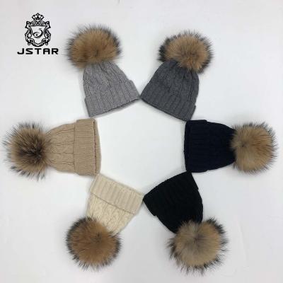 China Solid Color Real Winter Beanie Fur Hat With Pom De Pom Pom Cashmere Wool Knitted Fur Hat JOINT JOINT Warm Kids Hats for sale