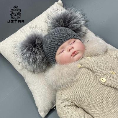 China Newborn Baby Boy Real Double Fur Pom Pom Beanie Twill Knitted Angora Wool COMMON Hat Popular Fashionable Newborn Cute COMMON Winter Hat for sale