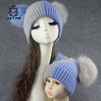 China COMMON Two Tone Mom Hats COMMON & Kids With Fox Fur Pom Angora Winter Beanie Hat Baby Double Knit To Keep Hats Warm for sale