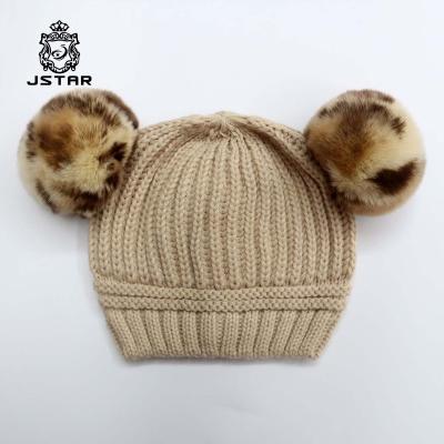 China Winter COMMON COMMON Baby Warm Hat With Double Real Fur Pom Pom Cute Kids Acrylic Knitted Beanie Hat for sale