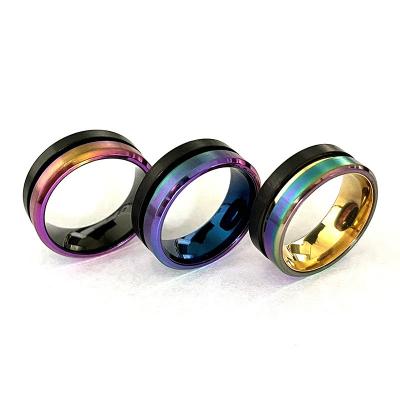 China Religious Fashionable Personalized Rainbow Ring For Men Jewelry Statement Gold Plated Stainless Steel Couple Rings for sale