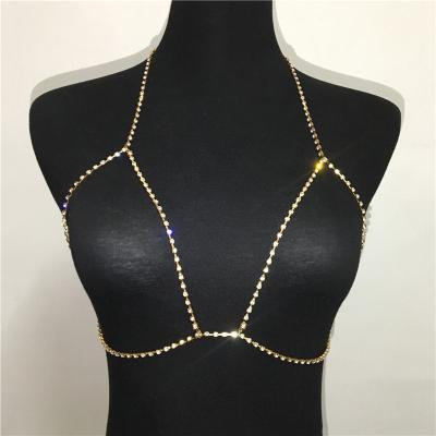 China Vintage fashion jewelry chest necklace sexy rhinestone party nightclub personality shiny gold and silver sexy body bra body chain for sale