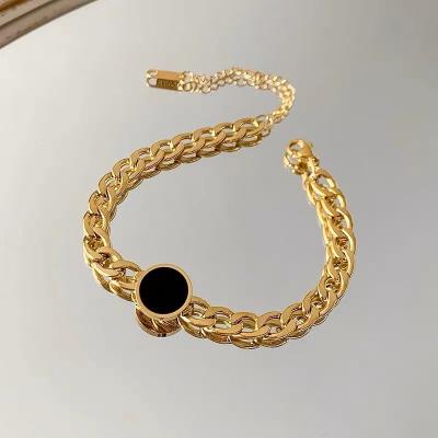 China Fashion Round Gold Black Titanium Steel Simple Thick Cuban Bracelet 18K Chain Bracelet Luxury Agate Metal Crystal Jewelry for sale