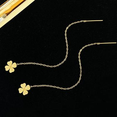 China CLASSIC Fashion 316L Stainless Steel Earrings Jewelry 18K Gold Plated Four Leaf Clover Earring Tassel Lucky Clover Long Chain Eardrop for sale