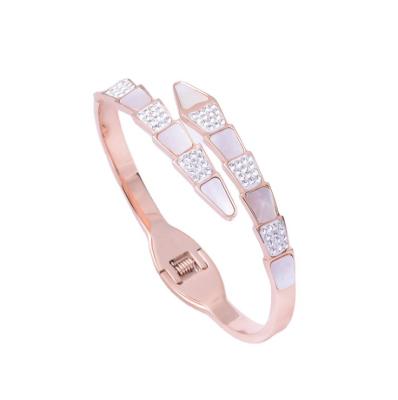 China Wholesale Fashion 18K Rose Gold Plated Snake Shape Bangle Women Bracelet Fashion Zircon Stone Stainless Steel Open Jewelry for sale