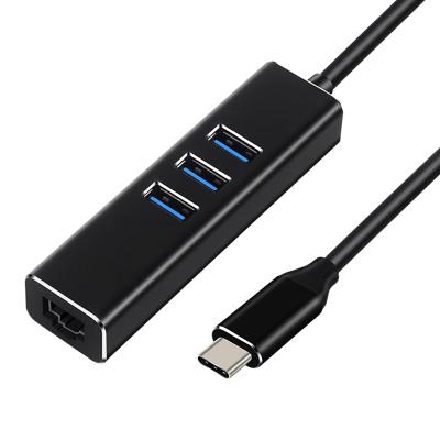 China Plug and Play USB 3.1 Type C to RJ45 Lan Adapter 3 Ports USB3.0 Hub 1000M Gigabit Ethernet Network Card Converter for sale