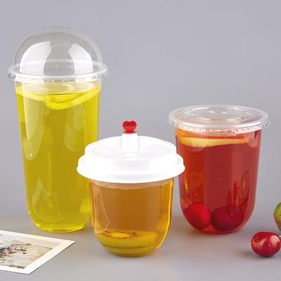 China Transparent Disposable Plastic Cups U Shape Plastic Juice Cup With Dome Lid Plastic Bubble Tea Cups for sale