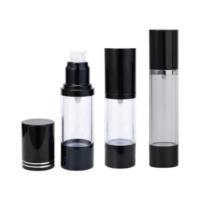 China 15ml cosmetic black airless pump bottle transparent body as aluminum airless pump bottle black aluminum cap and base plastic airless bottle for sale