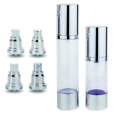 China Cosmetic Shiny Silver Clear Airless Pump Bottle Transparent Silver Airless Packaging Lotion Packaging Pump Bottle With Spray Pump for sale