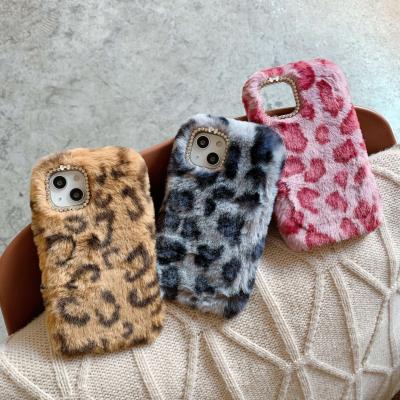 China Hot Girls Texture Leopard Diamond Shining Furry Plush Phone Shockproof Fluffy Hair Case Cover Device For iPhone 11 12 13 pro max for sale