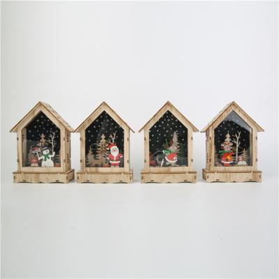 China Cute Wooden Christmas Tree Small Houses Pendants Decoration Supplies Bulbs Lighting Belt Battery for sale