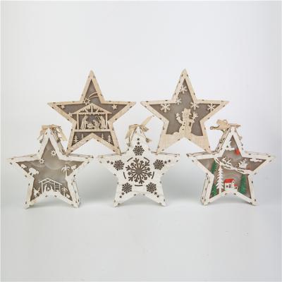 China Cute Small Pentagon Christmas Day Wooden Light Box Lighting Christmas Tree Pendant Indoor Ornaments for sale