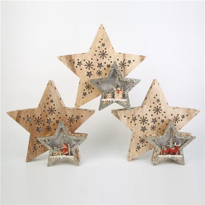 China Cute Wooden Five-pointed Star Hollow Carving Design Pendants Ornaments DIY Christmas Wood Crafts Gift Decorations Led Christmas Tree for sale