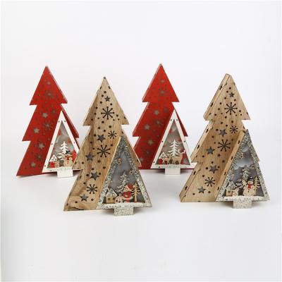 China Cute Led Christmas Tree Wooden Pendants Ornaments Diy Wood Crafts Gift For Christmas Party Home Decorations for sale