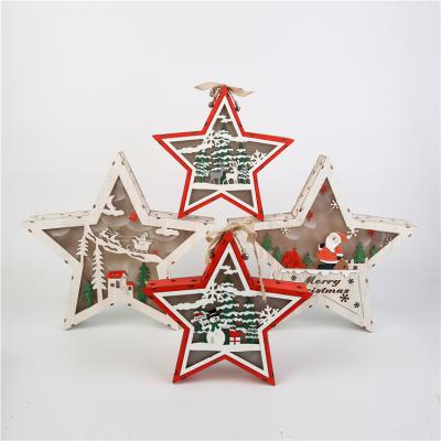 China Cute Star Pentagon Christmas Lighted Holiday Party Wooden Hanging Decoration Christmas Tree Hanging Ornaments for sale