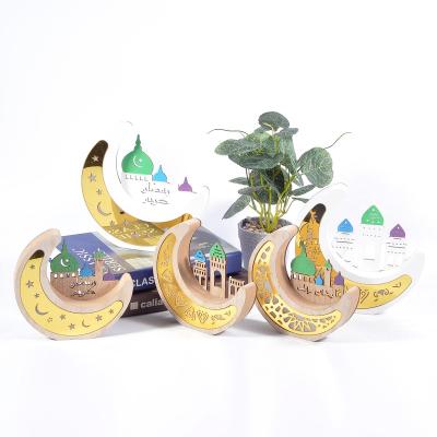 China Eid Mubarak Ramadan Ornaments Moon Hollow Led Lights Of Ramadan Decorations Wooden Crafts Lighting With Battery for sale