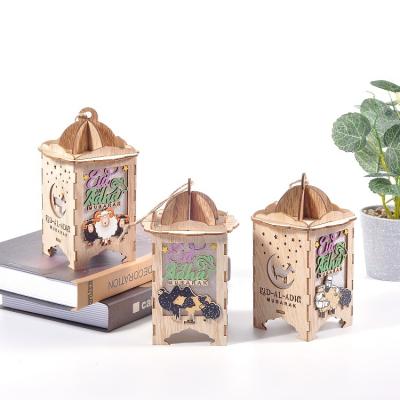 China Cute Eid Al Adha Decoration Lighting Wooden Pendant Crafts Cute Sheep Cavity Design Warm Light Crafts for sale