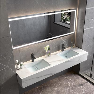 China Traditional Modern Wall Mounted Artificial Marble Double Sink Bathroom Vanity Stone Style Smart Led Makeup Mirror for sale