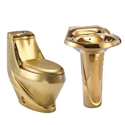 China Hot Selling Double-flow Luxury Design Gold Sliver Color Bathroom Basin Toilet Ceramic Plating Bowl Set for sale