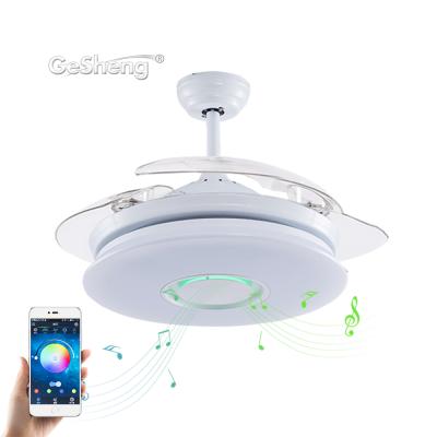 China Indoor modern white invisible bldc bluetooth speaker wifi ceiling fan remote control dc light with speaker for sale