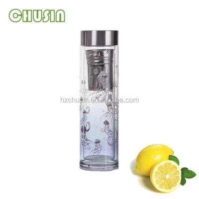 China Double Sustainable Glass Water Bottle With Tea Strainer for sale