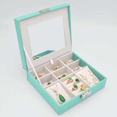 China Fashionable Double Layer Jewelery Collection Boxes Girls Gift Green Travel Storage Lockable Jewelry Case With Mirror for sale