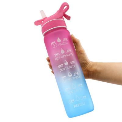 China New Design Sustainable 1L Spray Water Bottle Student Gym Platic Water Motivation Bottle With Straw for sale