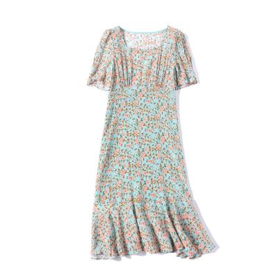 China Floral Print Breathable Natural Silk Square Collar Summer Dress Crepe Slim Short Sheaths Midi Line Dresses for sale