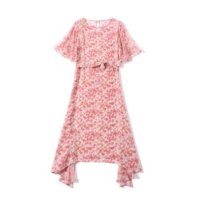 China Breathable Real Crepe Silk Dress Floral Print O Necks Slim Belted Loose Midi Dresses 2023 New Summer for sale