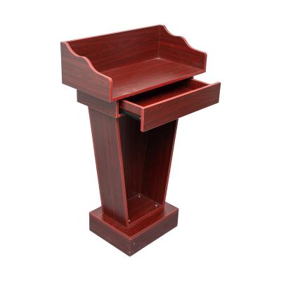 China Durable And Popular Dark Red Wooden Lectern Desk Host Office Simple Modern Talking Welcome Desk for sale