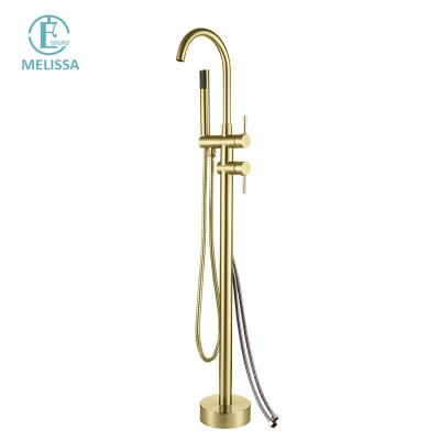 China Without Slide Bar Melissa Brass Bathroom Brushed Golden Floor Bath Faucet Hot And Cold Shower Bathtub Water Faucet Handheld Y5201-2 for sale