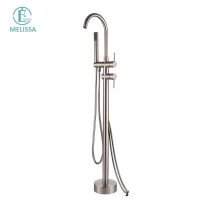 China Without Slide Bar Melissa Brass Bathroom Brushed Floor Bath Faucet Hot And Cold Water Shower Tub Water Faucet Handheld Y5201-10 for sale