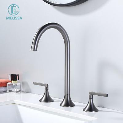 China Gray Split Type Hot And Cold Melissa Brass Bathroom Fashion Matte Cabinet Faucets Double Handle Three Holes Bathroom Sense Faucets Basin for sale