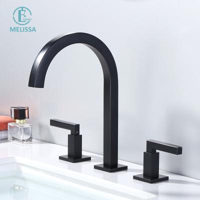 China Type 3 Holes Basin Bathroom Sense Faucets Melissa Brass Bathroom Fashion Black Split Cabinet Hot And Cold Square Faucet for sale