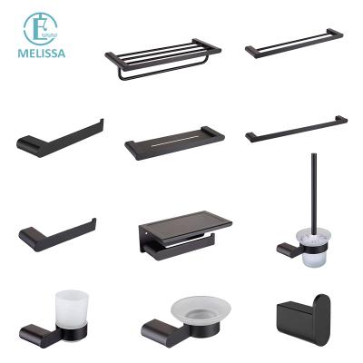 China Modern Bathroom Black Hardware Set Black Robe Hook Towel Rail Rack Shelf Bar Paper Holder Toothbrush Holder for sale