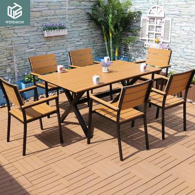 China Modern 7 Piece Set 6 Seater Teak Modern Outdoor Dining Room chairs and Tables Garden Furniture for sale