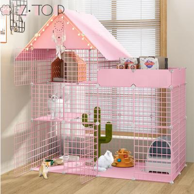 China Breathable Metal Wire Habitat Breeding House Pet Cat Folding Home Cage With Tray And Stairs for sale