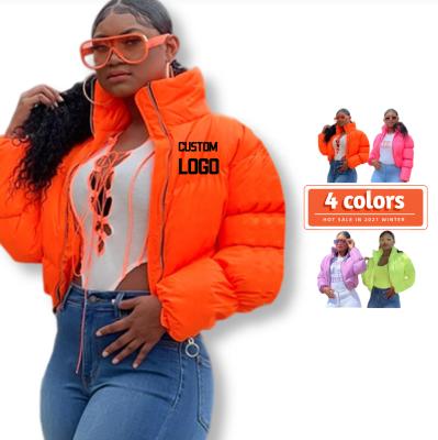 China Custom LOGO Women Winter Coat Cropped Anti-wrinkle Zipper Stripper Bubble Puff Jacket Pink Green Orange MM2141 for sale