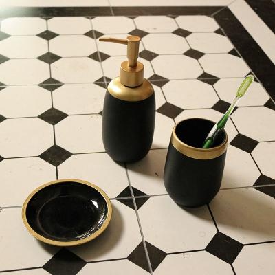 China Sustainable 3 Pcs Low Price Hotel Bathroom Set Ceramic Black Accessories Gold Bathroom Accessories Set for sale