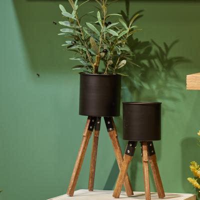 China Home Decorative Eco-Friendly Minimalist Metal Garden Plant Pot With Wooden Stand for sale