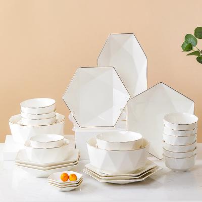 China Sustainable Luxury Dishes Sets White&Gold Ceramic Hexagon Dinnerware Polygon Wedding Dinnerware Set for sale