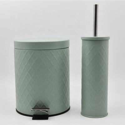 China 3 liter sustainable round iron with embossed waste bin and toilet brush holder set for bathroom for sale