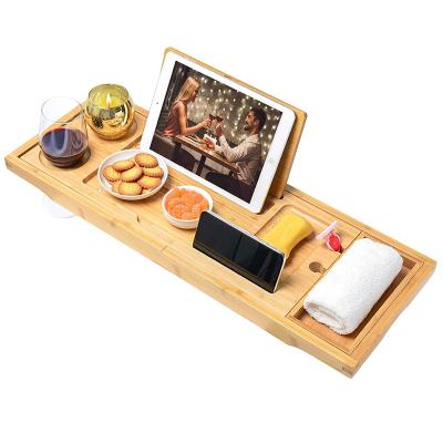 China Sustainable Multifunctional Bamboo Wooden Trolley Tray With Extending Sides Bathtub Tub for sale