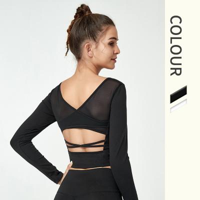 China 2022 Sport Women Workout Wear Fitness Gym Yoga Crop Long Sleeve Breathable T Shirt Top Quick Dry Navel Back Cavity Bandage Sexy 1 Piece for sale