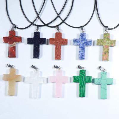 China Wholesale Cute Natural Stone Pendant Necklace Crystal Healing Gemstone Black Cross Stone Pendant Necklace for sale