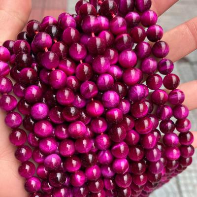 China Making jewelry necklace bracelet earring 7A grade 8mm natural gemstone beads around Tiger Eye Stone Loose Beads fuchsia dyed DIY for jewelry making for sale