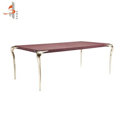 China Modern Design Luxury Hotel Fancy Custom Pure Copper Dining Table With Red Leather for sale